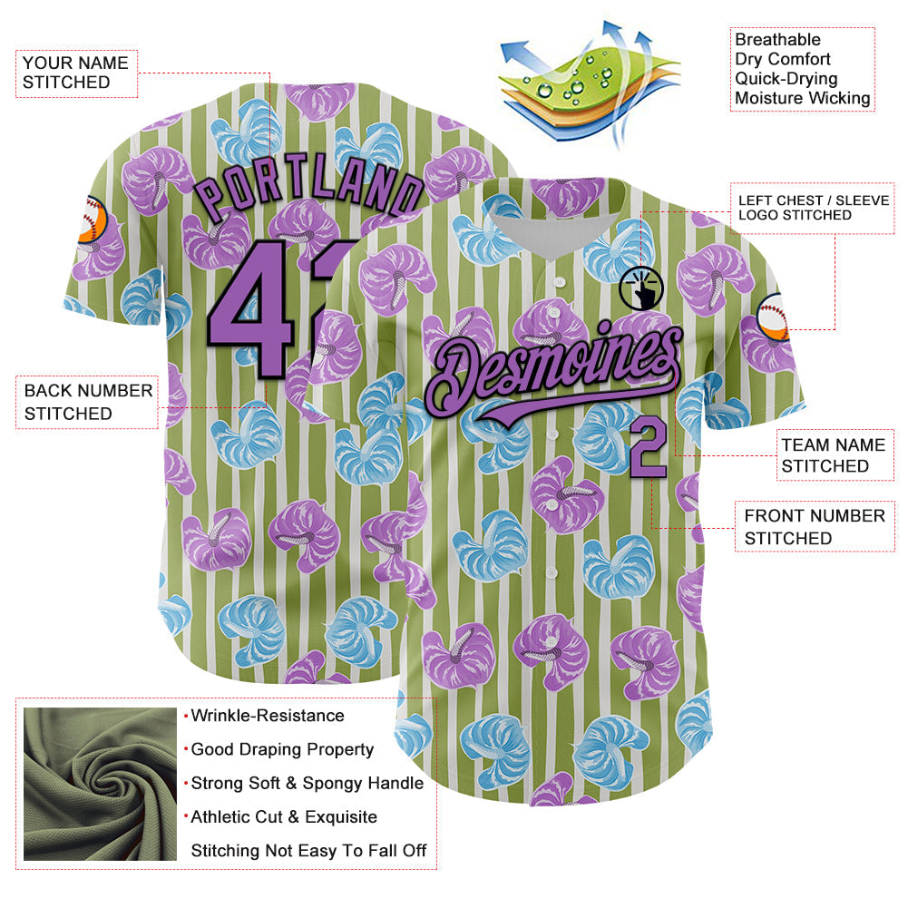 Custom Olive Medium Purple-Black 3D Pattern Design Tropical Anthurium Flower Authentic Baseball Jersey view 3