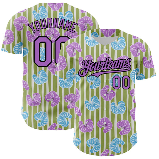 Custom Olive Medium Purple-Black 3D Pattern Design Tropical Anthurium Flower Authentic Baseball Jersey - Main View