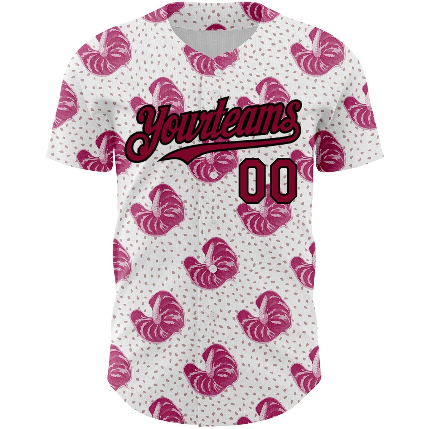 Custom White Maroon-Black 3D Pattern Design Tropical Anthurium Flower Authentic Baseball Jersey view 2