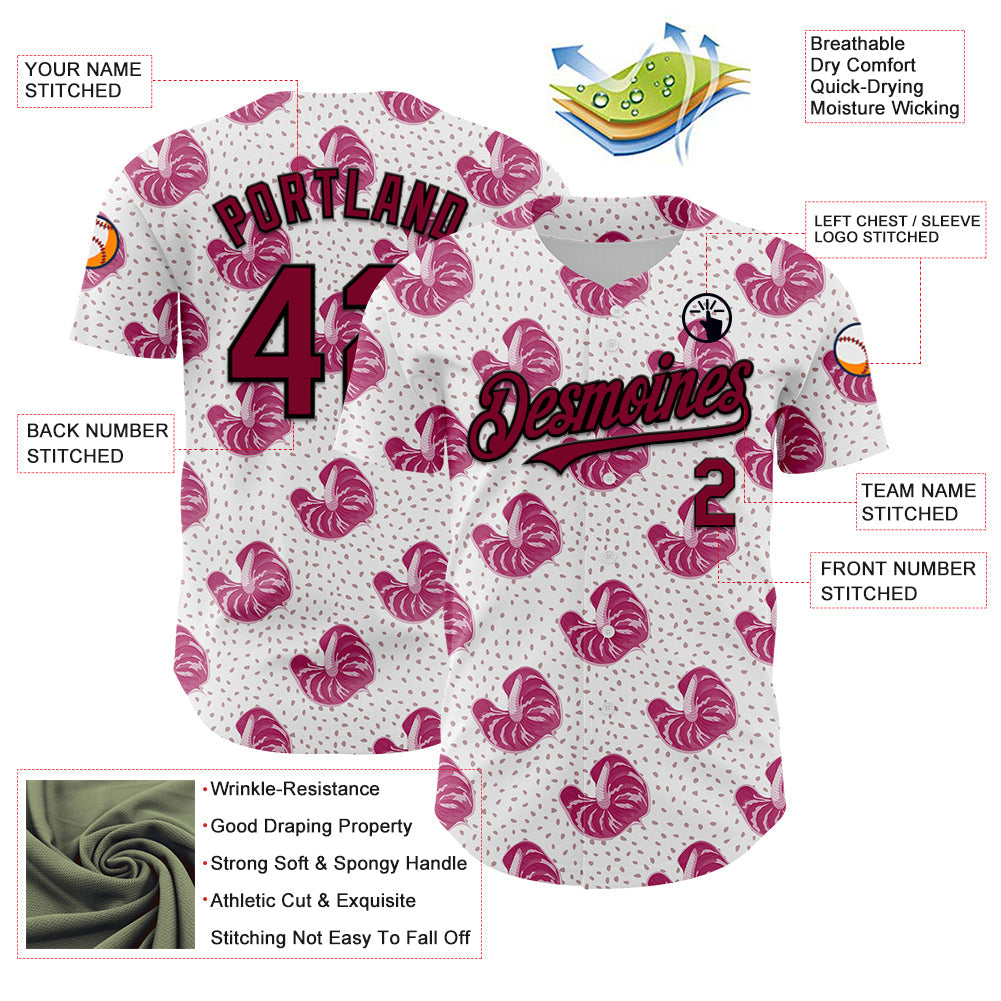 Custom White Maroon-Black 3D Pattern Design Tropical Anthurium Flower Authentic Baseball Jersey view 3
