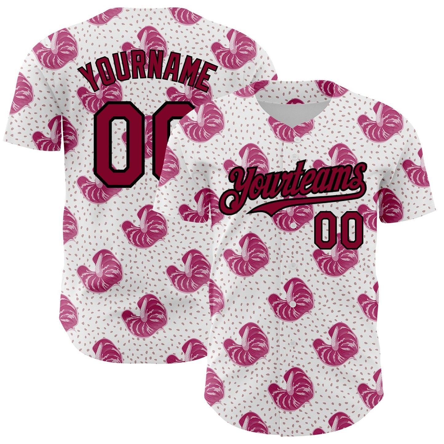 Custom White Maroon-Black 3D Pattern Design Tropical Anthurium Flower Authentic Baseball Jersey - Main View
