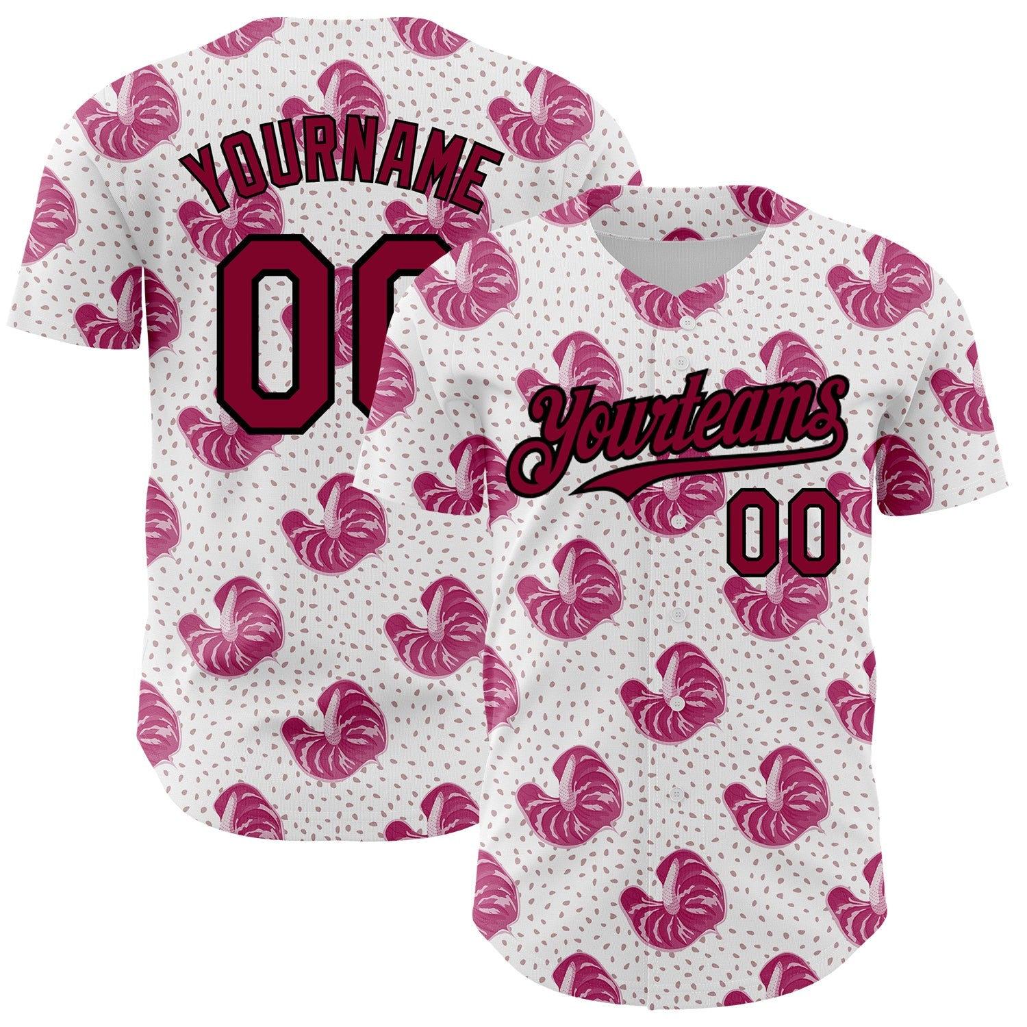 Custom White Maroon-Black 3D Pattern Design Tropical Anthurium Flower Authentic Baseball Jersey - Main View