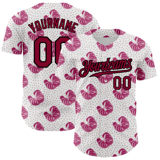 Custom White Maroon-Black 3D Pattern Design Tropical Anthurium Flower Authentic Baseball Jersey - Main View