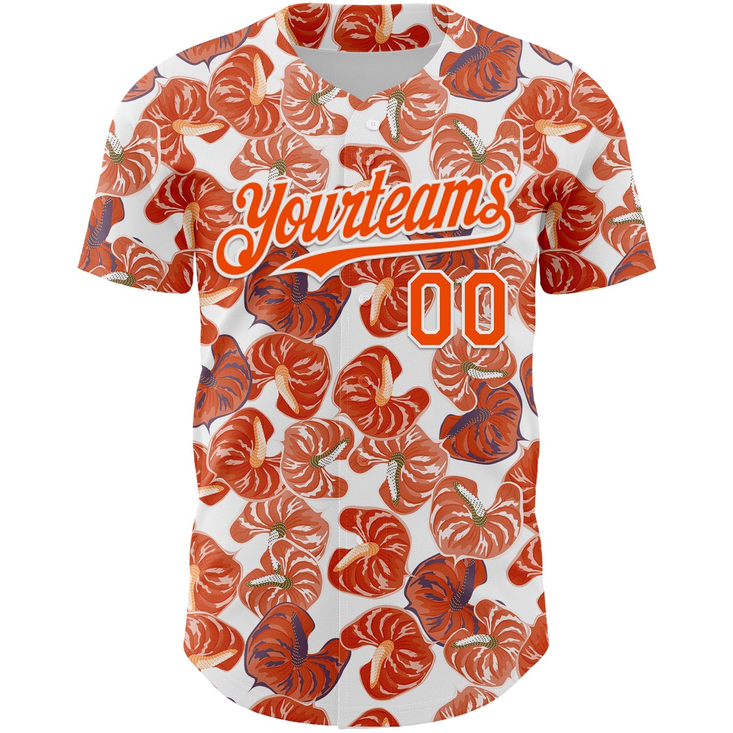 Custom White Orange 3D Pattern Design Tropical Anthurium Flower Authentic Baseball Jersey view 2