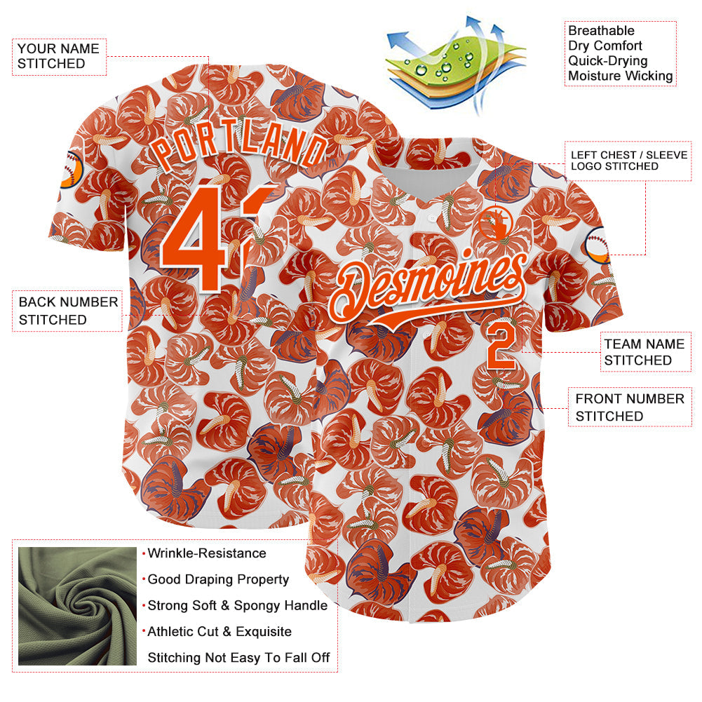 Custom White Orange 3D Pattern Design Tropical Anthurium Flower Authentic Baseball Jersey view 3