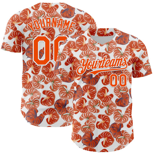 Custom White Orange 3D Pattern Design Tropical Anthurium Flower Authentic Baseball Jersey - Main View
