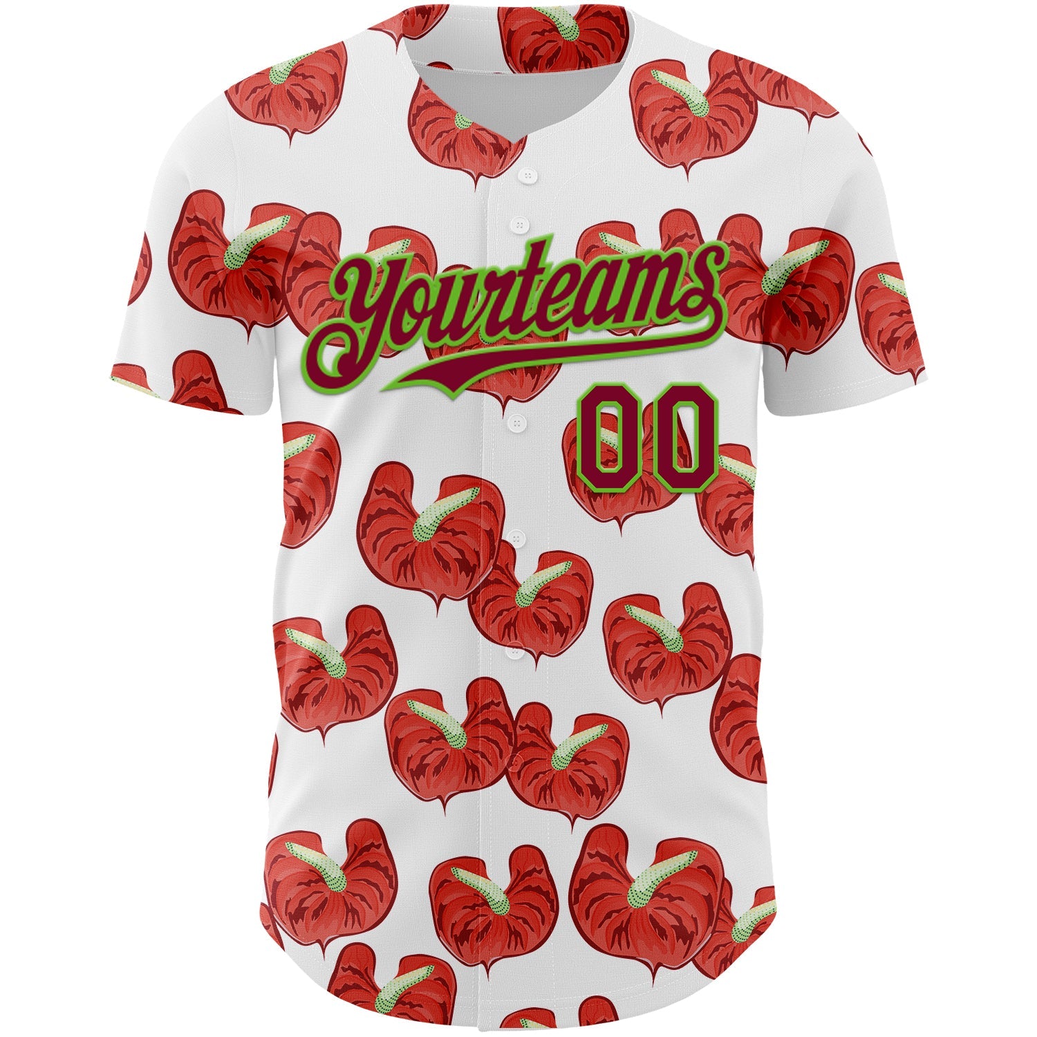 Custom White Maroon-Aurora Green 3D Pattern Design Tropical Anthurium Flower Authentic Baseball Jersey view 2