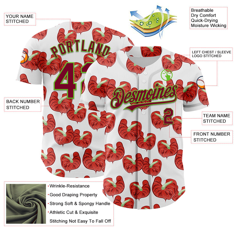 Custom White Maroon-Aurora Green 3D Pattern Design Tropical Anthurium Flower Authentic Baseball Jersey view 3