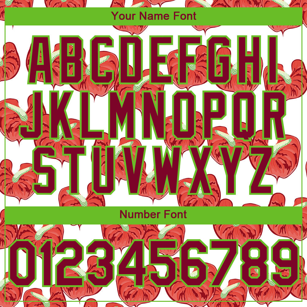 Custom White Maroon-Aurora Green 3D Pattern Design Tropical Anthurium Flower Authentic Baseball Jersey view 5