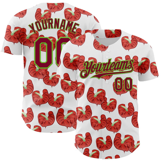 Custom White Maroon-Aurora Green 3D Pattern Design Tropical Anthurium Flower Authentic Baseball Jersey - Main View