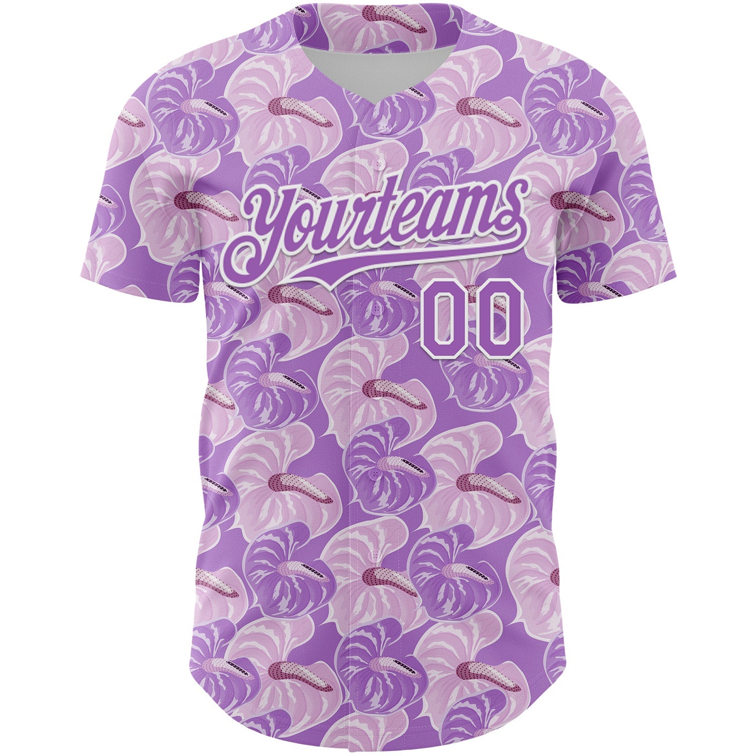 Custom Light Purple White 3D Pattern Design Tropical Anthurium Flower Authentic Baseball Jersey view 2