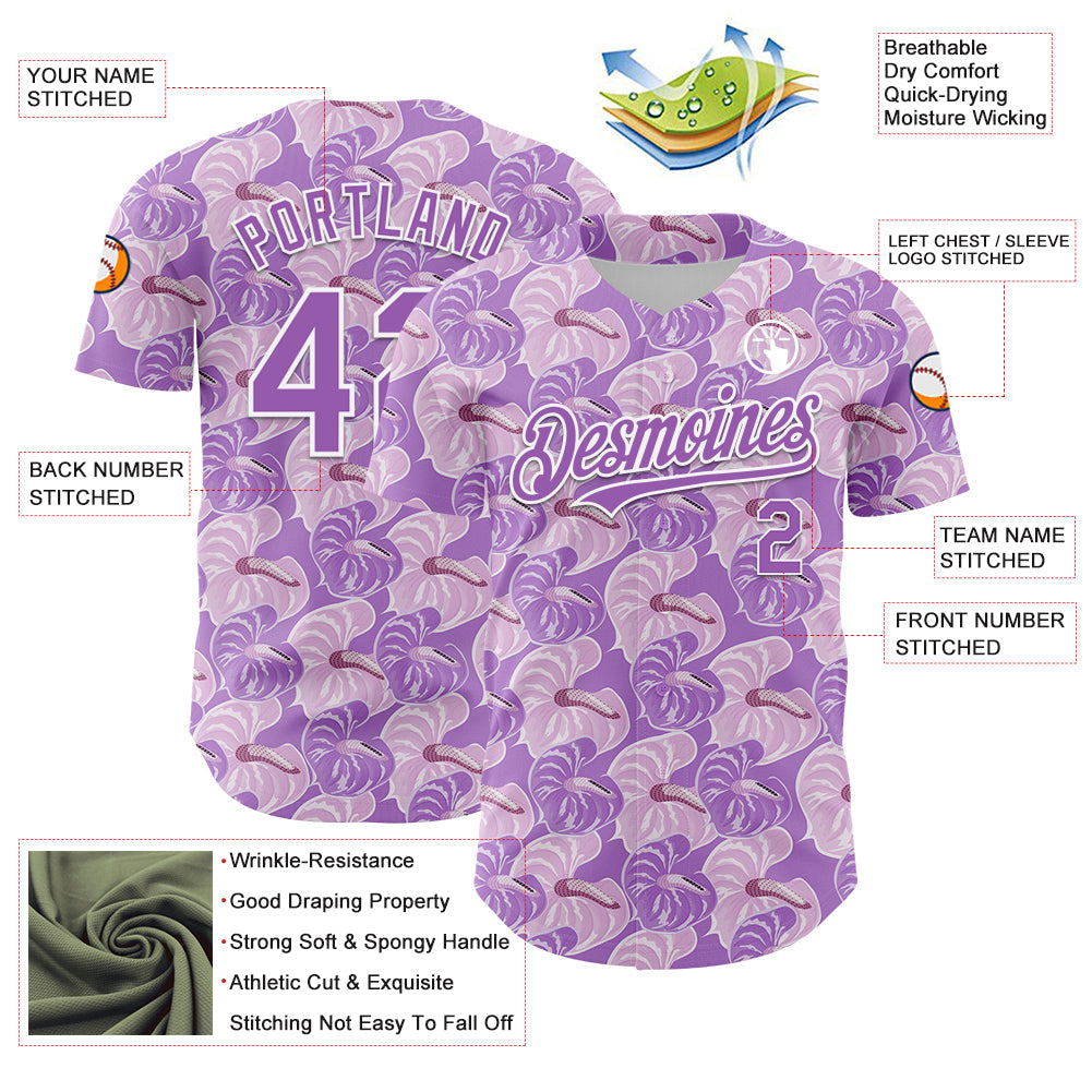 Custom Light Purple White 3D Pattern Design Tropical Anthurium Flower Authentic Baseball Jersey view 3