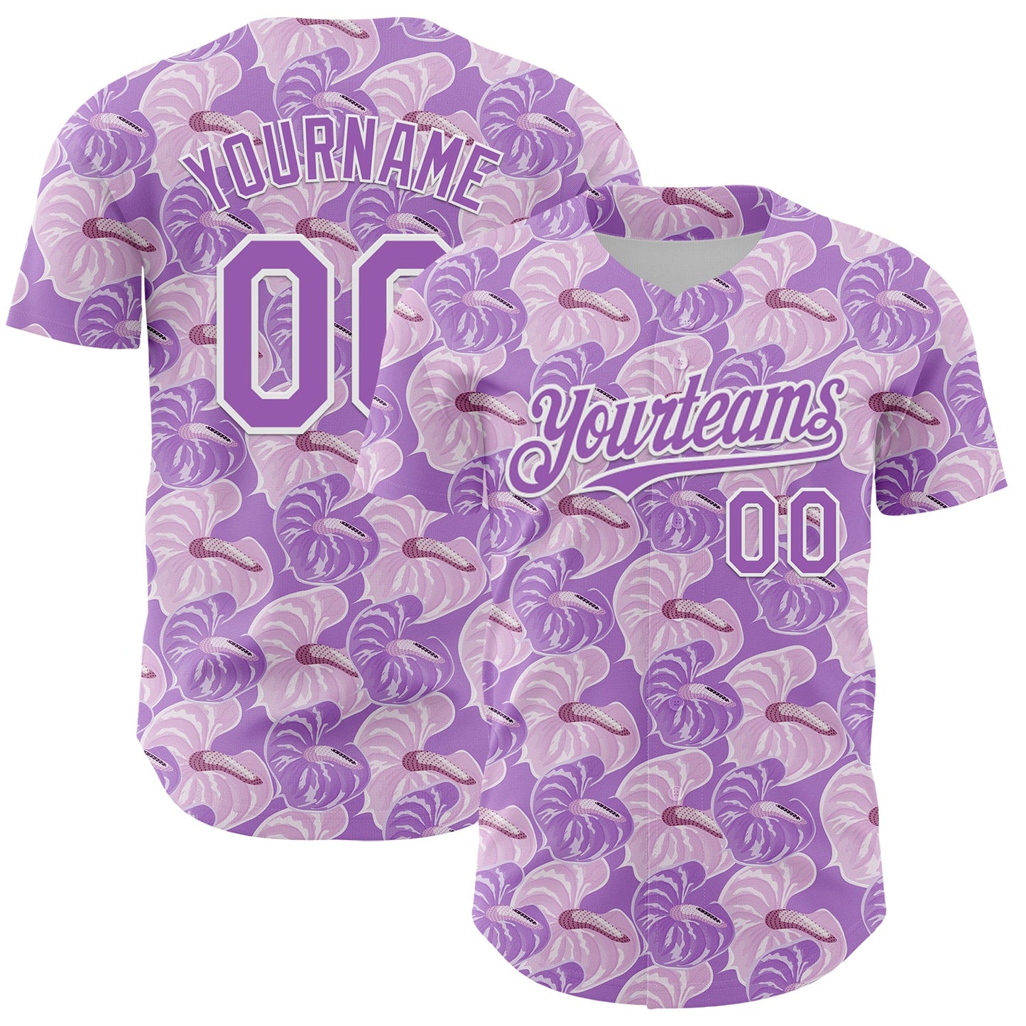 Custom Light Purple White 3D Pattern Design Tropical Anthurium Flower Authentic Baseball Jersey - Main View