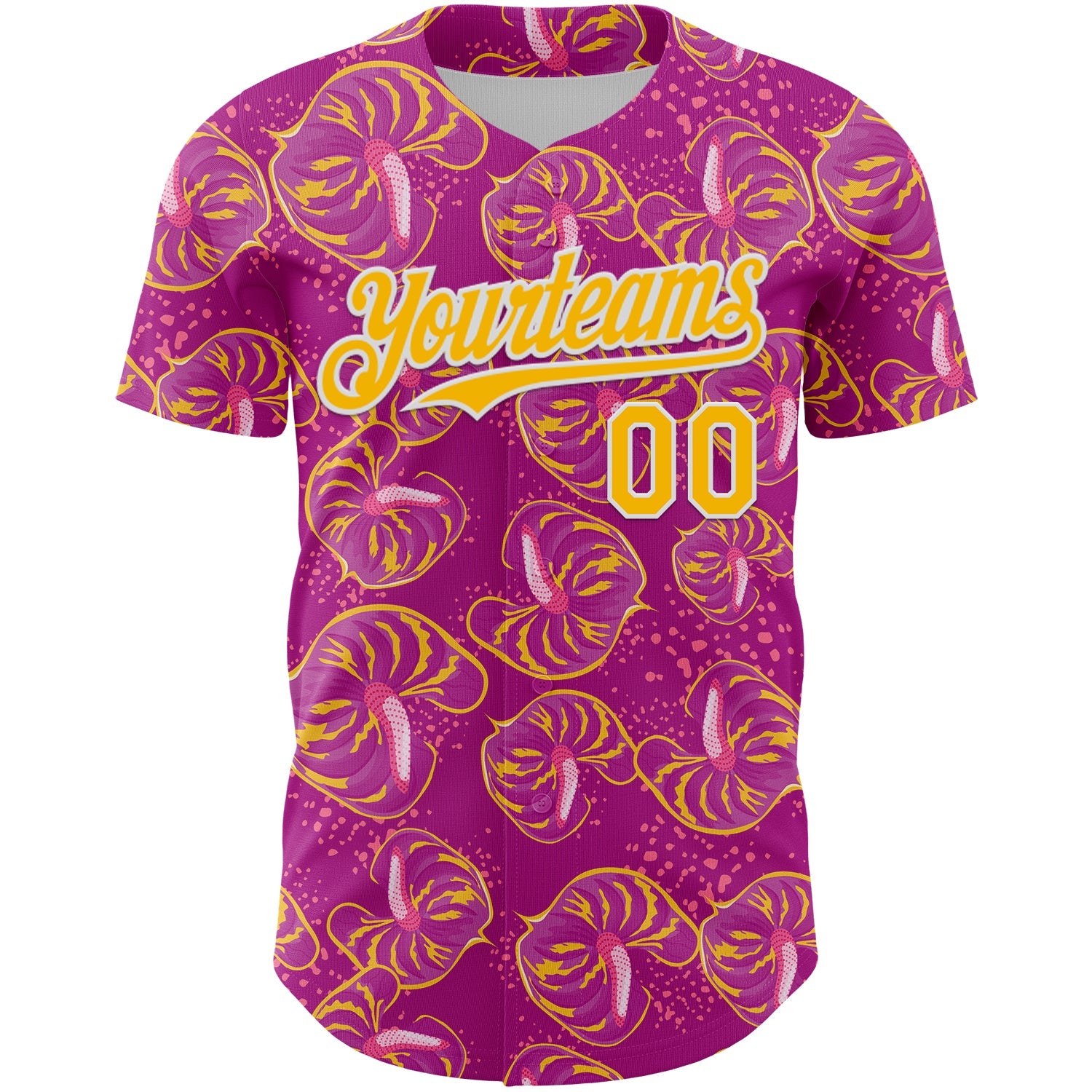Custom Deep Pink Gold-White 3D Pattern Design Tropical Anthurium Flower Authentic Baseball Jersey view 2