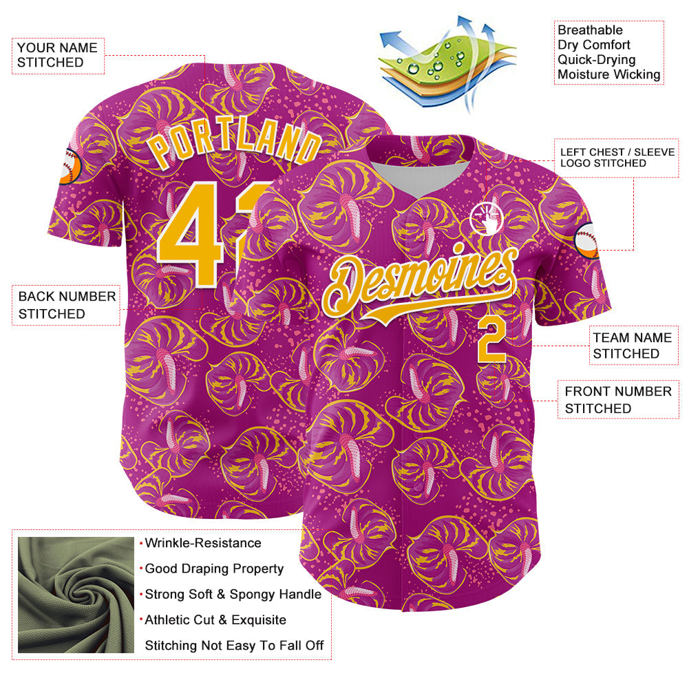 Custom Deep Pink Gold-White 3D Pattern Design Tropical Anthurium Flower Authentic Baseball Jersey view 3