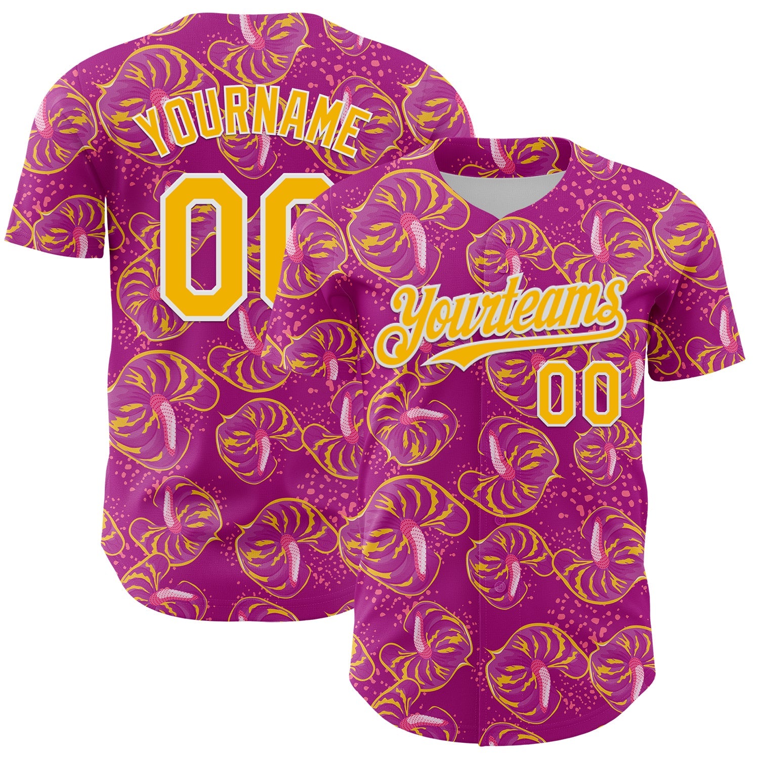 Custom Deep Pink Gold-White 3D Pattern Design Tropical Anthurium Flower Authentic Baseball Jersey - Main View