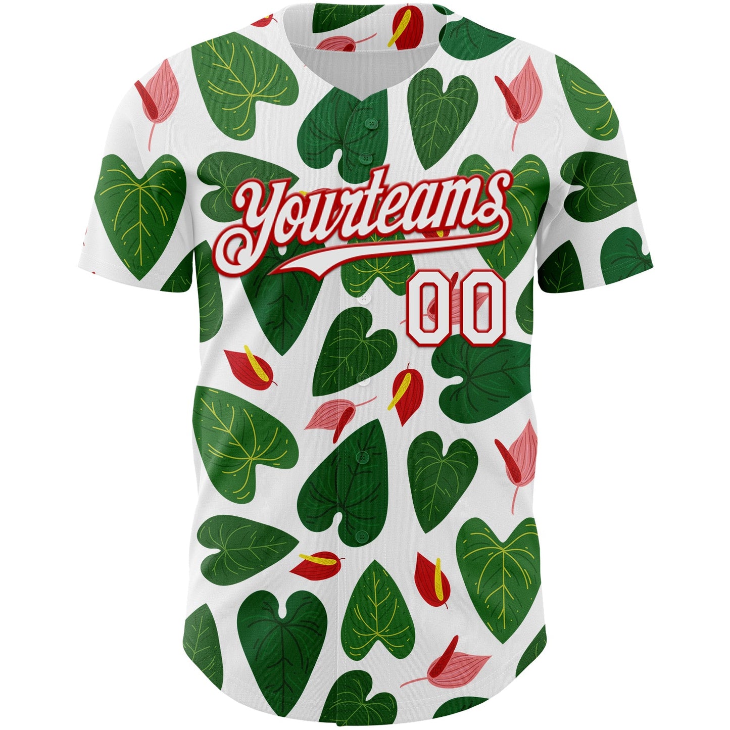 Custom White Red 3D Pattern Design Tropical Anthurium Flower Authentic Baseball Jersey view 2