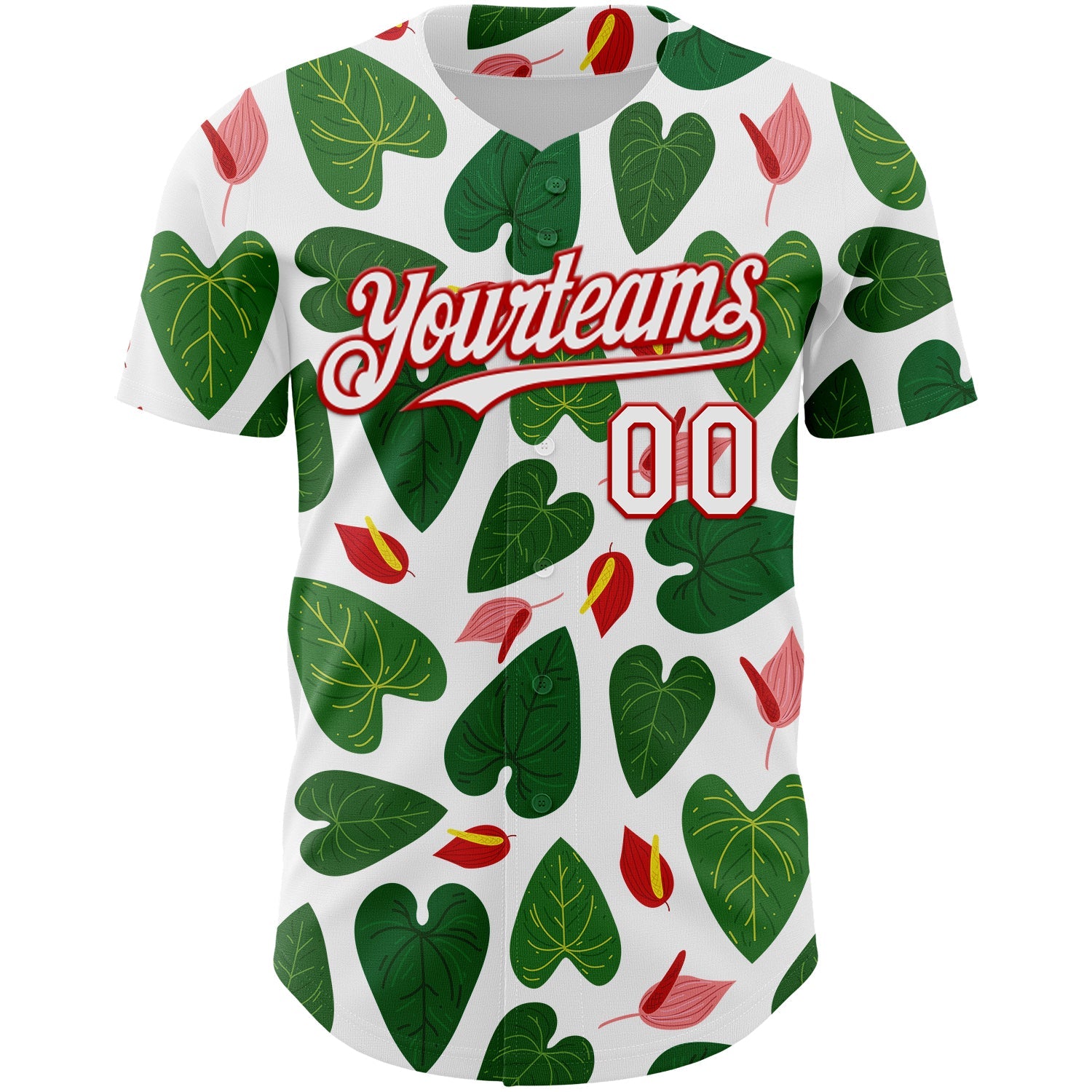 Custom White Red 3D Pattern Design Tropical Anthurium Flower Authentic Baseball Jersey view 2