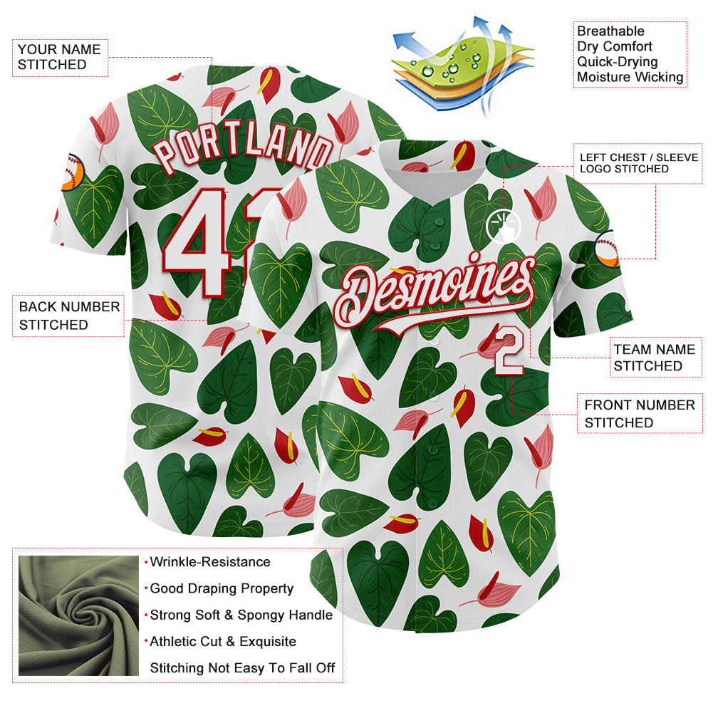 Custom White Red 3D Pattern Design Tropical Anthurium Flower Authentic Baseball Jersey view 3