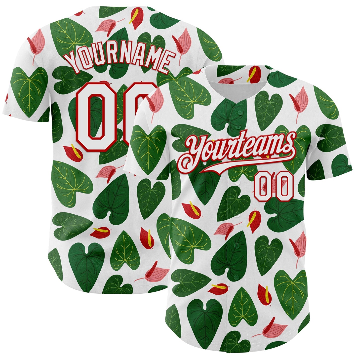Custom White Red 3D Pattern Design Tropical Anthurium Flower Authentic Baseball Jersey - Main View