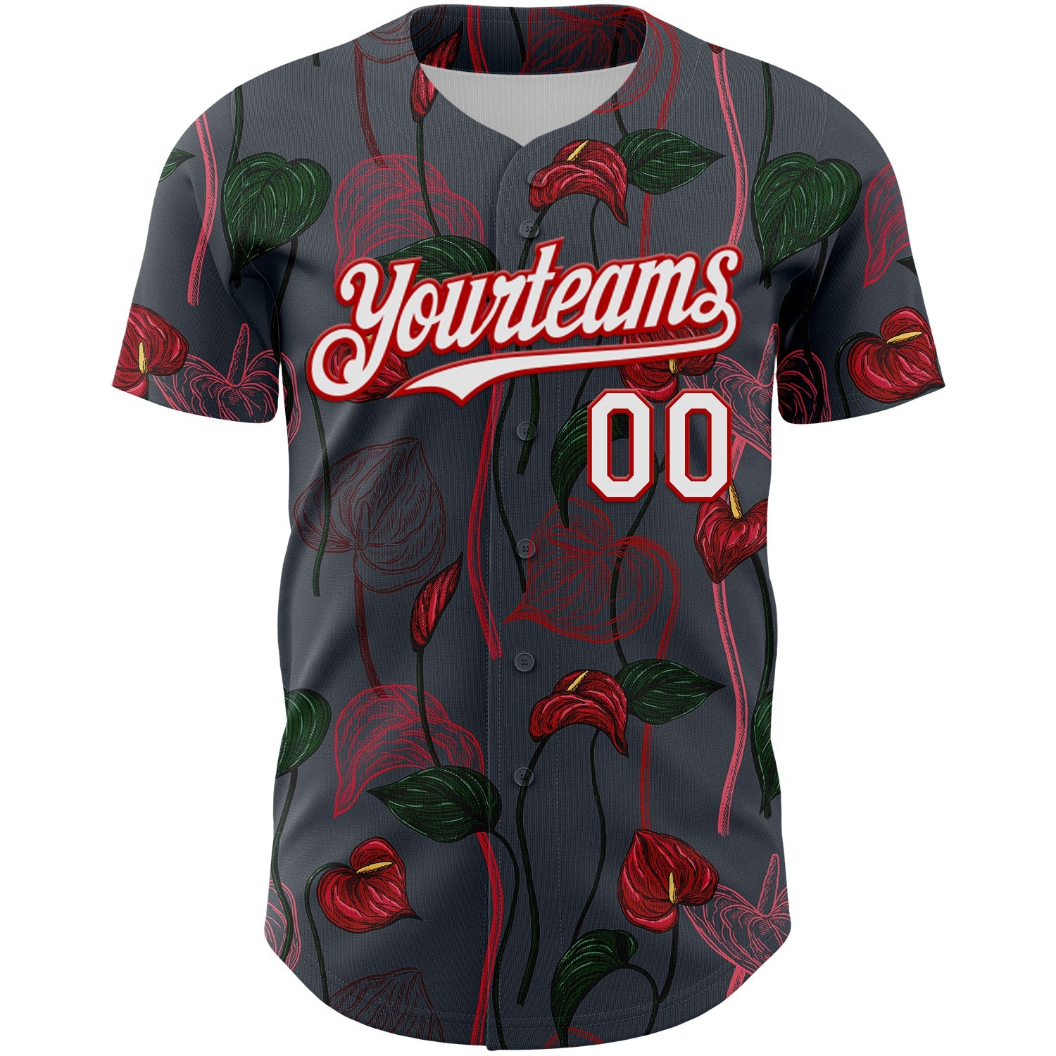 Custom Gray White-Red 3D Pattern Design Tropical Anthurium Flower Authentic Baseball Jersey view 2