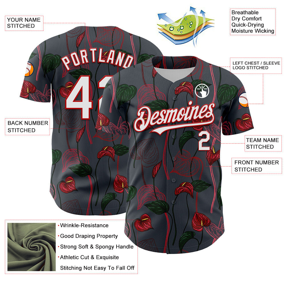 Custom Gray White-Red 3D Pattern Design Tropical Anthurium Flower Authentic Baseball Jersey view 3