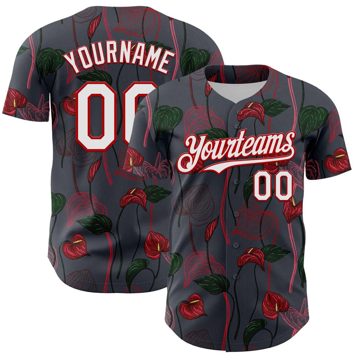 Custom Gray White-Red 3D Pattern Design Tropical Anthurium Flower Authentic Baseball Jersey - Main View