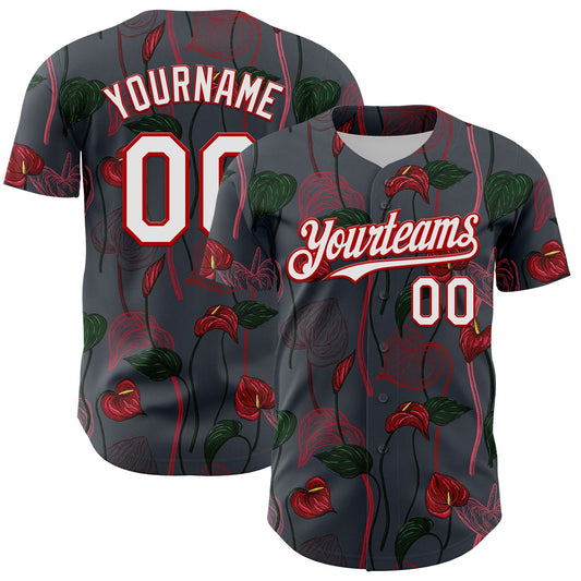 Custom Gray White-Red 3D Pattern Design Tropical Anthurium Flower Authentic Baseball Jersey - Main View