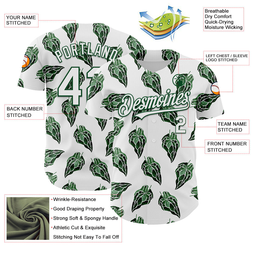 Custom White Kelly Green 3D Pattern Design Tropical Anthurium Crystal Authentic Baseball Jersey view 3