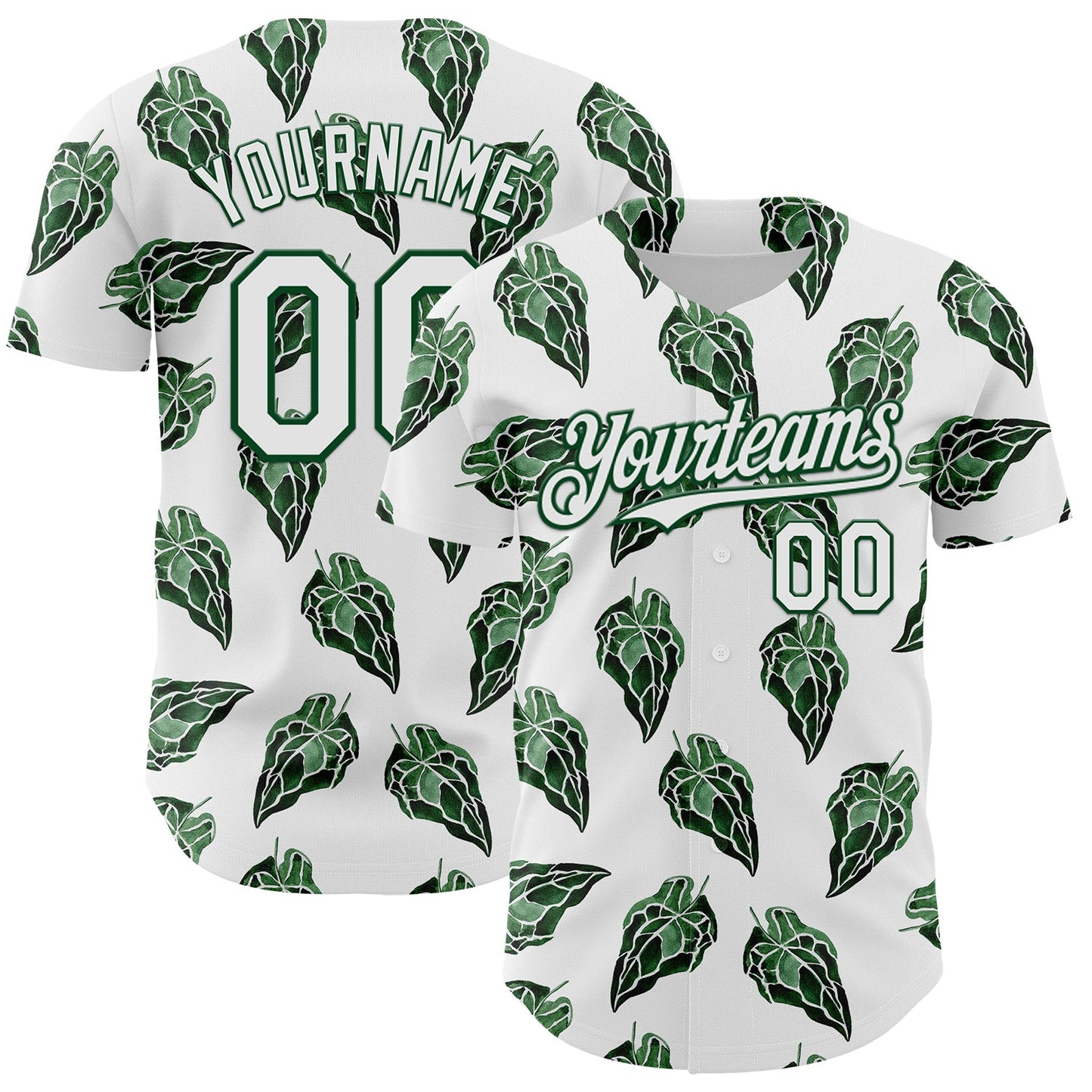 Custom White Kelly Green 3D Pattern Design Tropical Anthurium Crystal Authentic Baseball Jersey - Main View