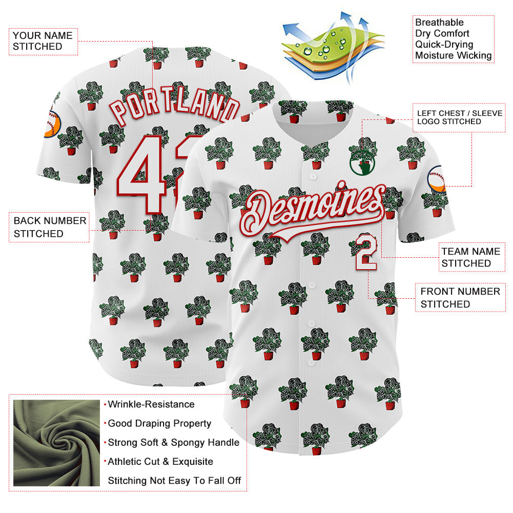 Custom White Red 3D Pattern Design Tropical Anthurium Crystal Authentic Baseball Jersey view 3