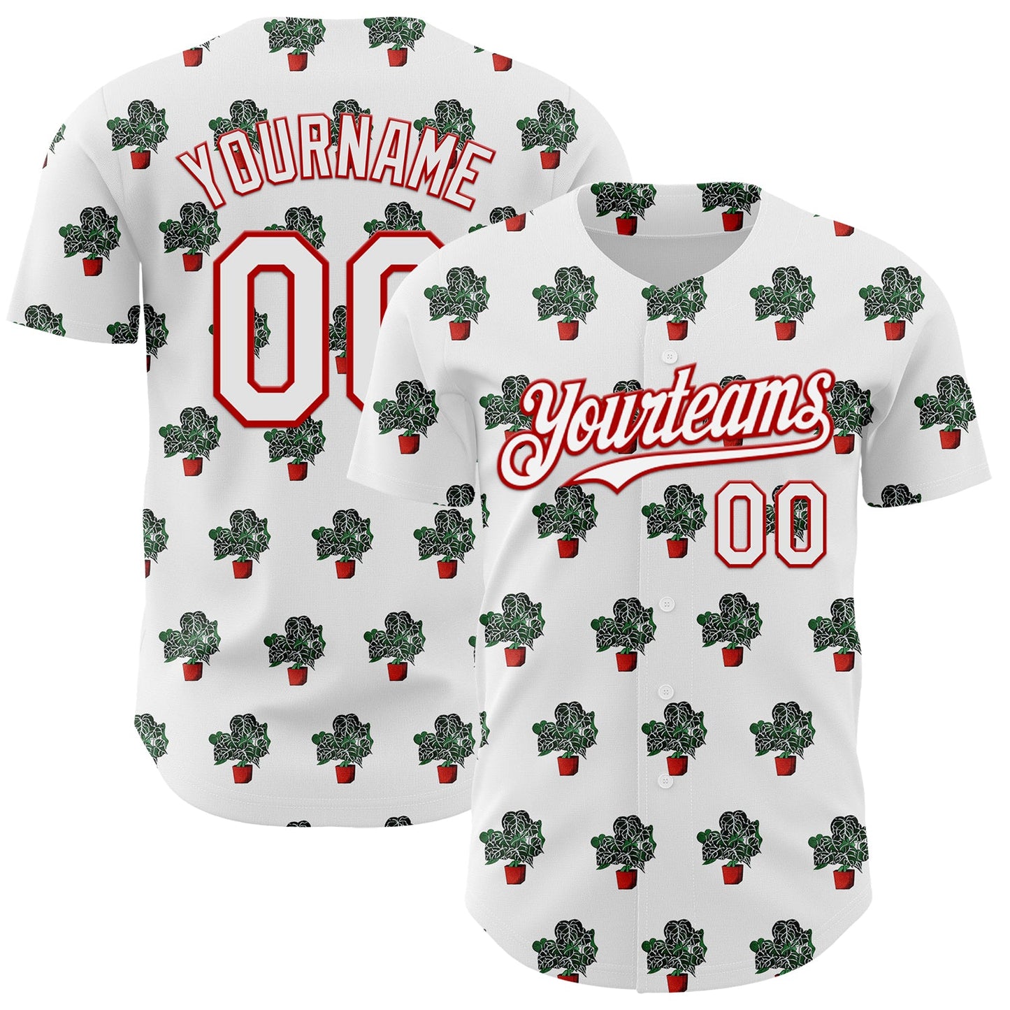 Custom White Red 3D Pattern Design Tropical Anthurium Crystal Authentic Baseball Jersey - Main View