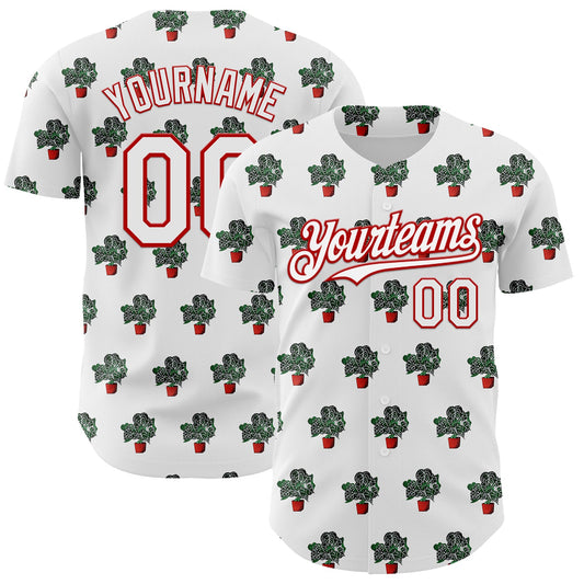 Custom White Red 3D Pattern Design Tropical Anthurium Crystal Authentic Baseball Jersey - Main View