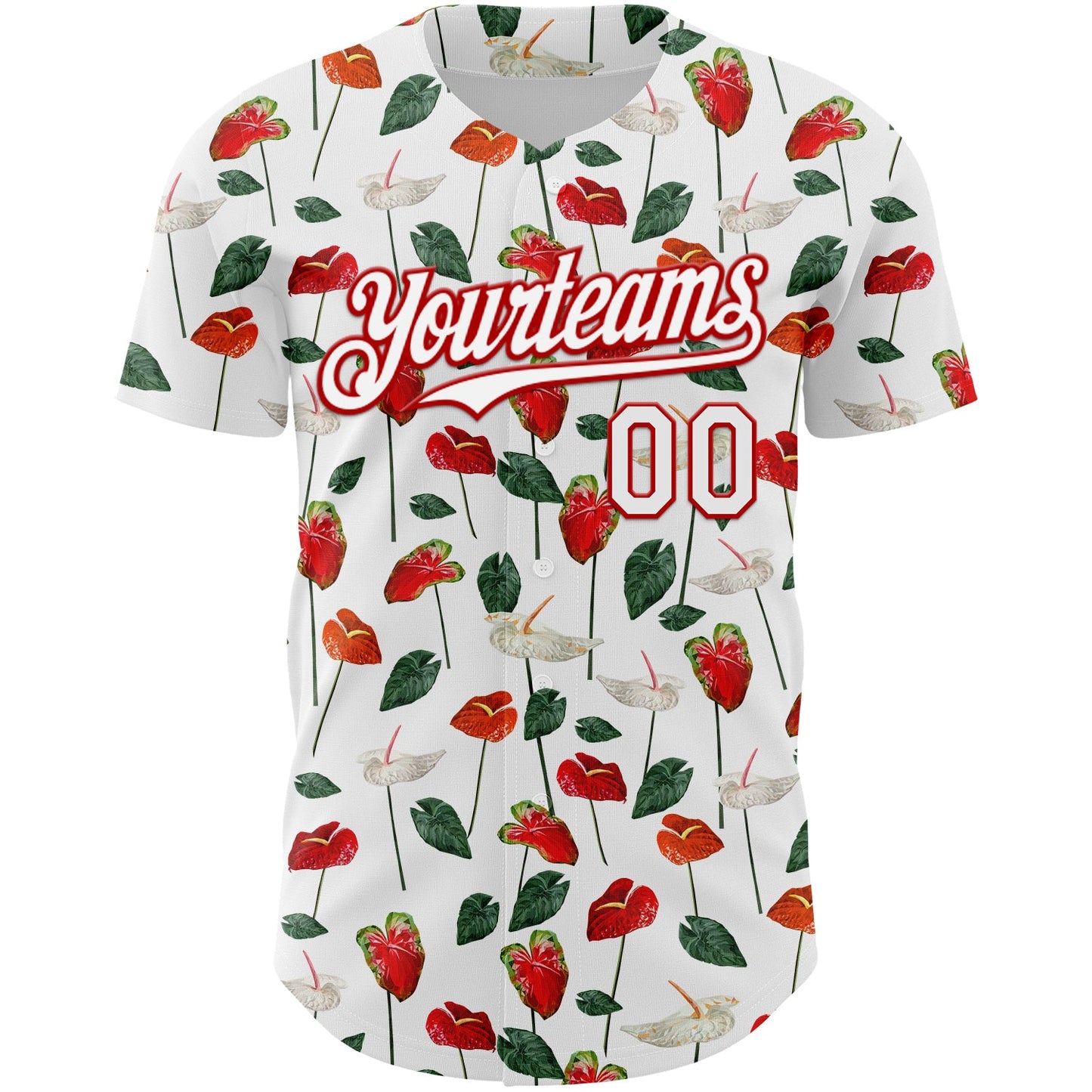 Custom White Red 3D Pattern Design Tropical Anthurium Flower Authentic Baseball Jersey view 2