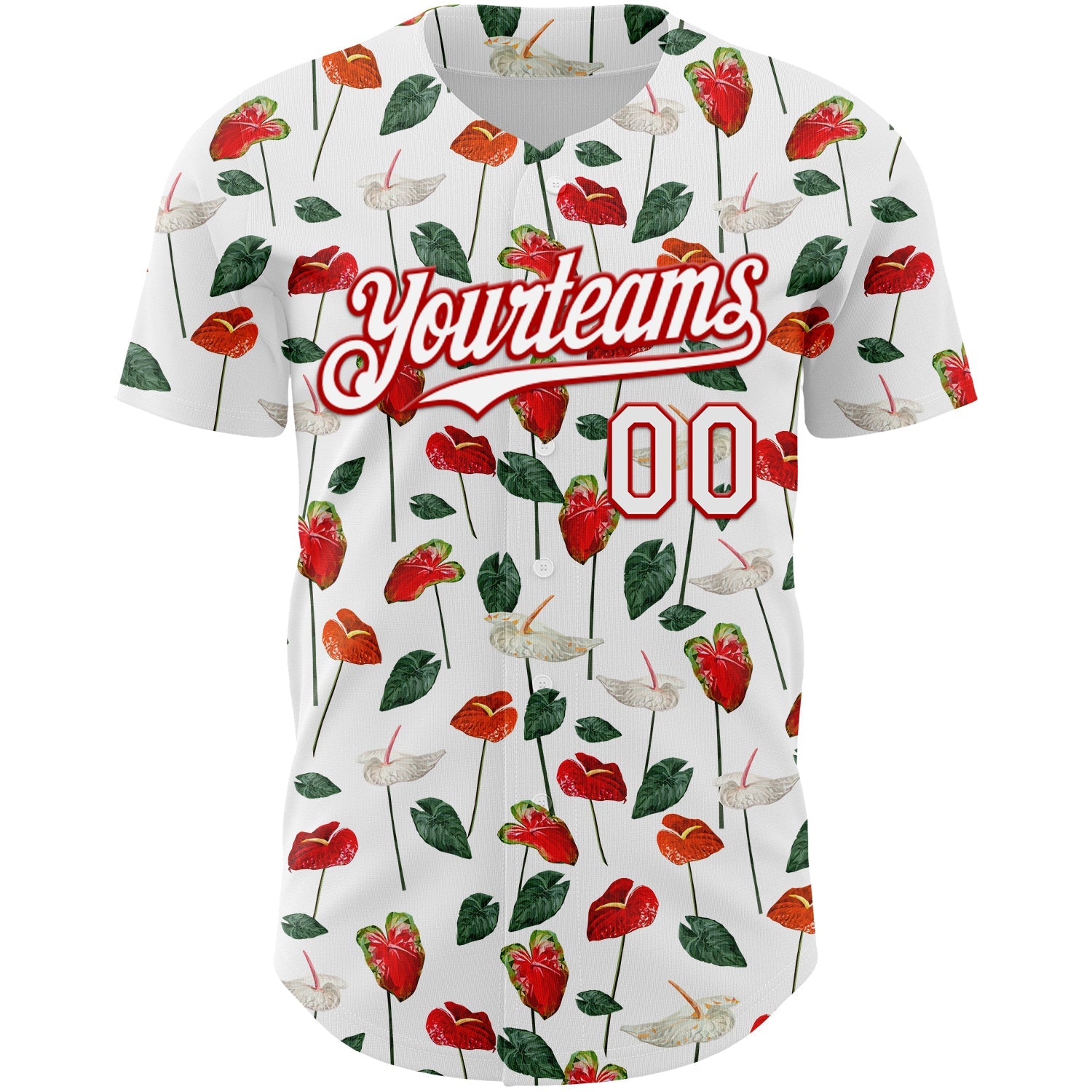 Custom White Red 3D Pattern Design Tropical Anthurium Flower Authentic Baseball Jersey view 2