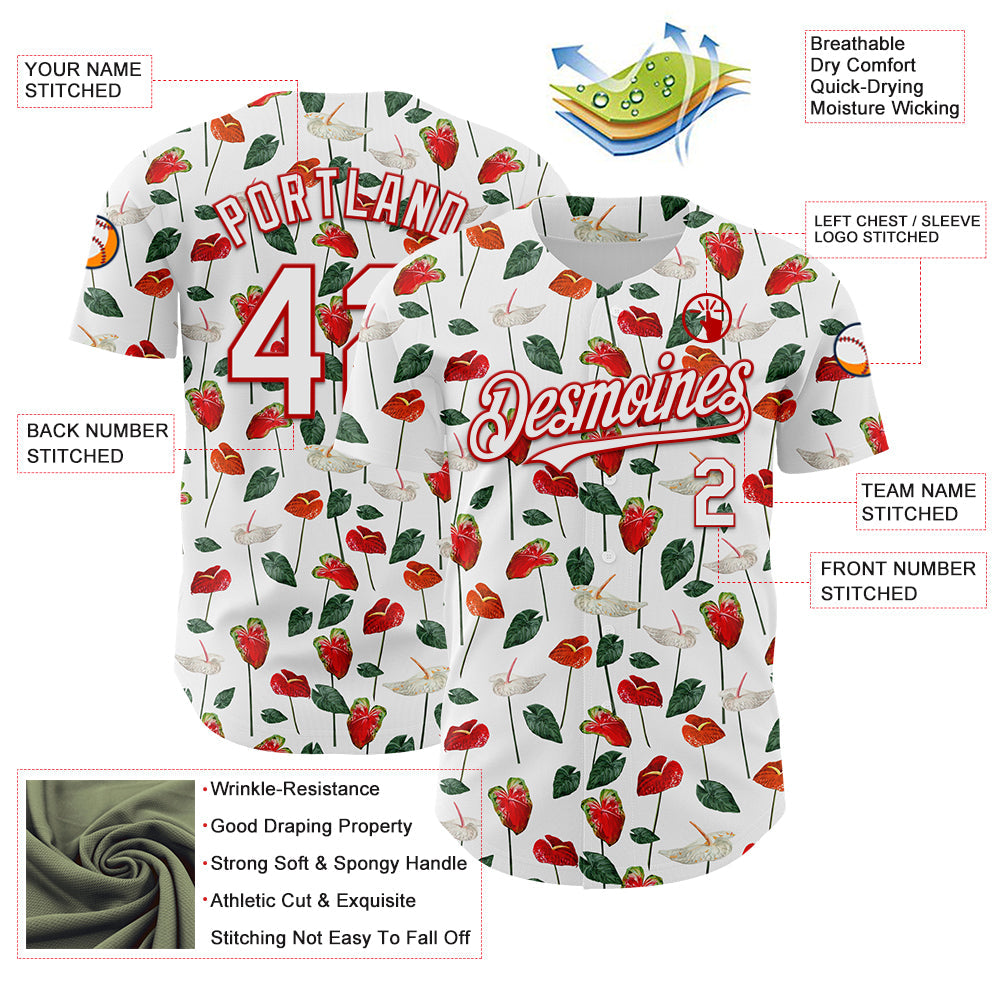 Custom White Red 3D Pattern Design Tropical Anthurium Flower Authentic Baseball Jersey view 3