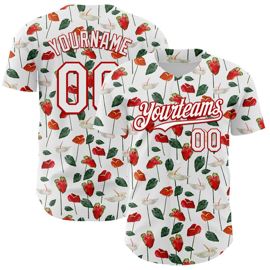 Custom White Red 3D Pattern Design Tropical Anthurium Flower Authentic Baseball Jersey - Main View