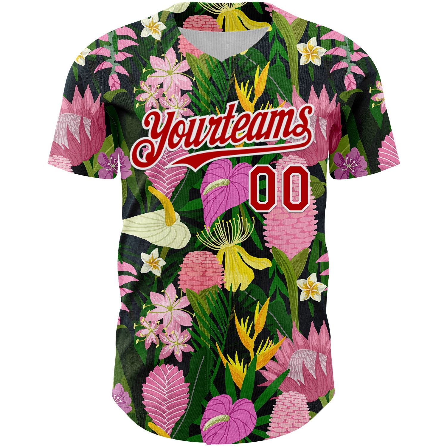 Custom Kelly Green Red-White 3D Pattern Design Tropical Anthurium Flower Authentic Baseball Jersey view 2