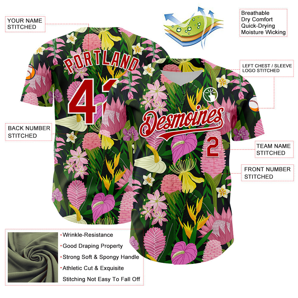 Custom Kelly Green Red-White 3D Pattern Design Tropical Anthurium Flower Authentic Baseball Jersey view 3