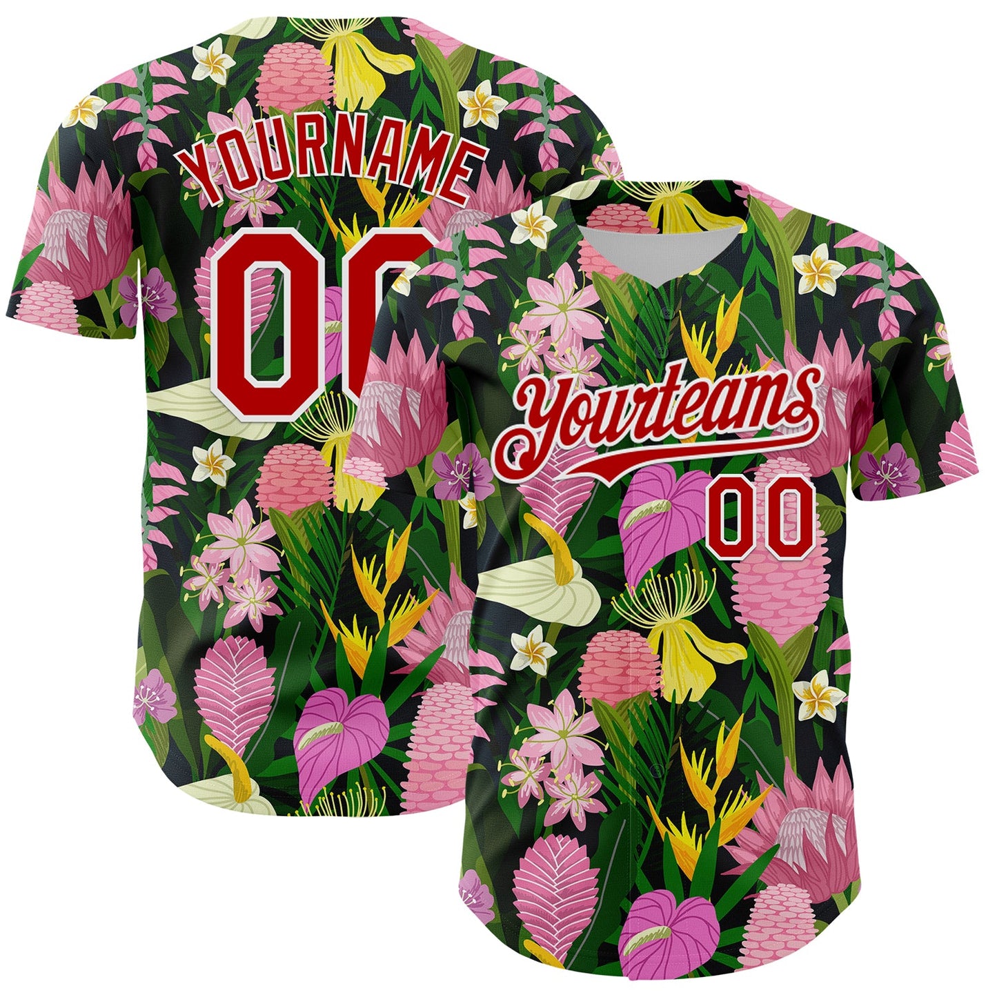 Custom Kelly Green Red-White 3D Pattern Design Tropical Anthurium Flower Authentic Baseball Jersey - Main View