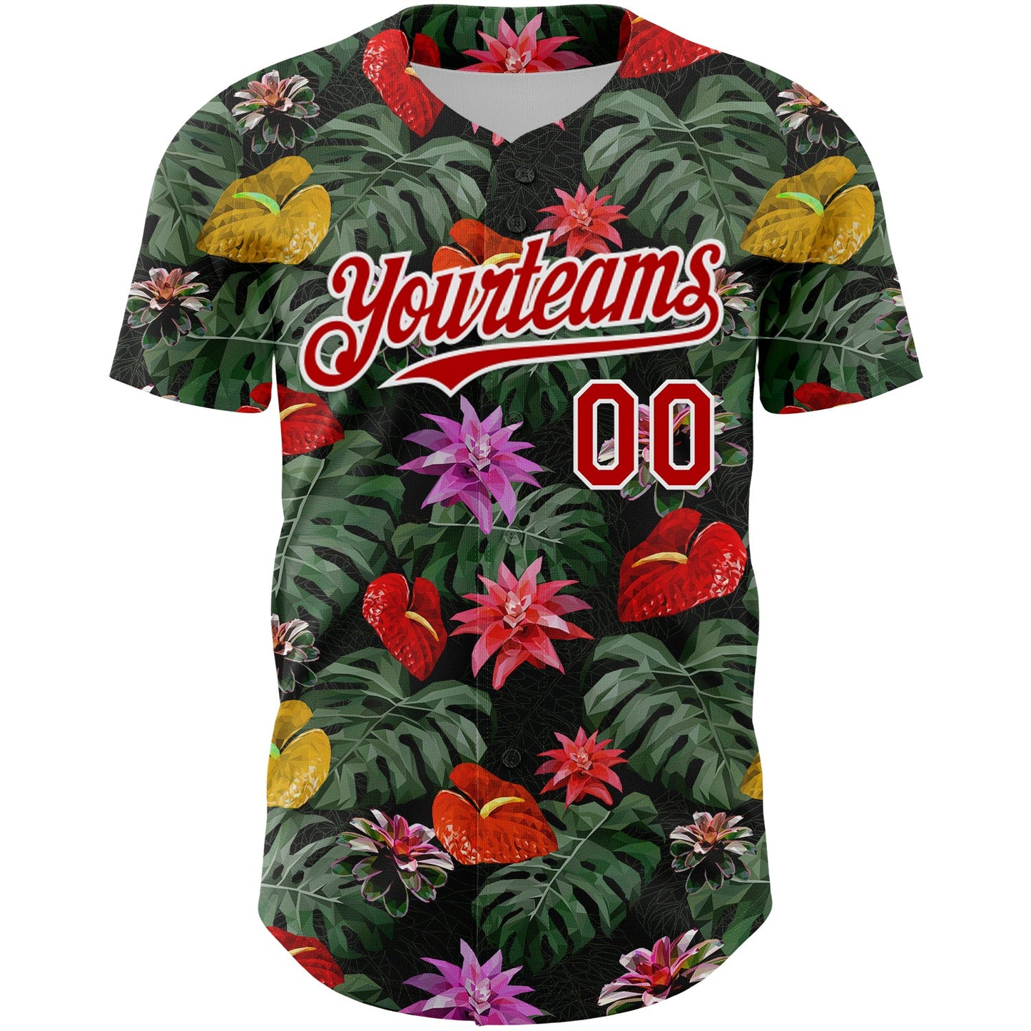 Custom Kelly Green Red-White 3D Pattern Design Tropical Anthurium Flower Authentic Baseball Jersey view 2