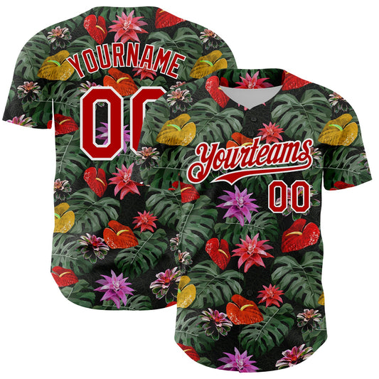 Custom Kelly Green Red-White 3D Pattern Design Tropical Anthurium Flower Authentic Baseball Jersey - Main View