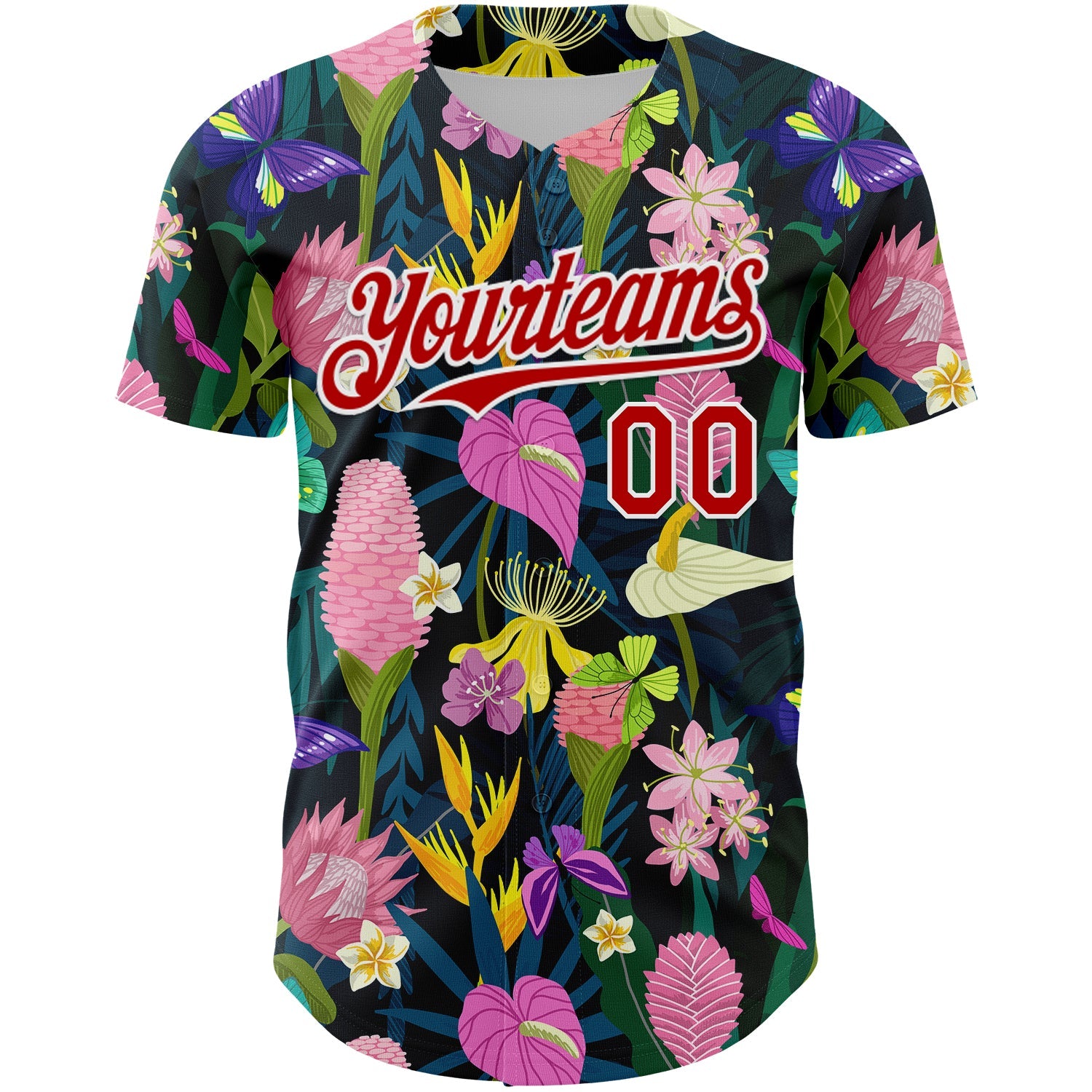 Custom Black Red-White 3D Pattern Design Tropical Anthurium Flower Authentic Baseball Jersey view 2