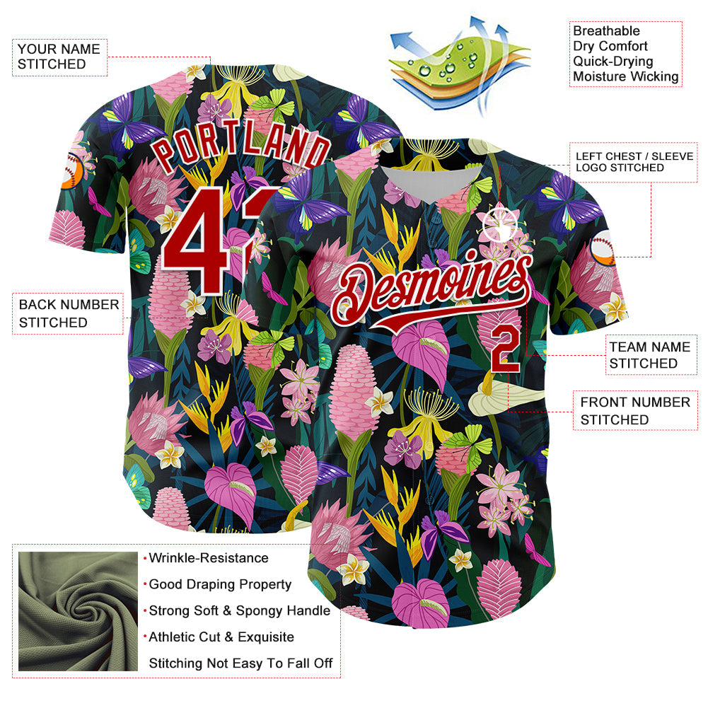 Custom Black Red-White 3D Pattern Design Tropical Anthurium Flower Authentic Baseball Jersey view 3