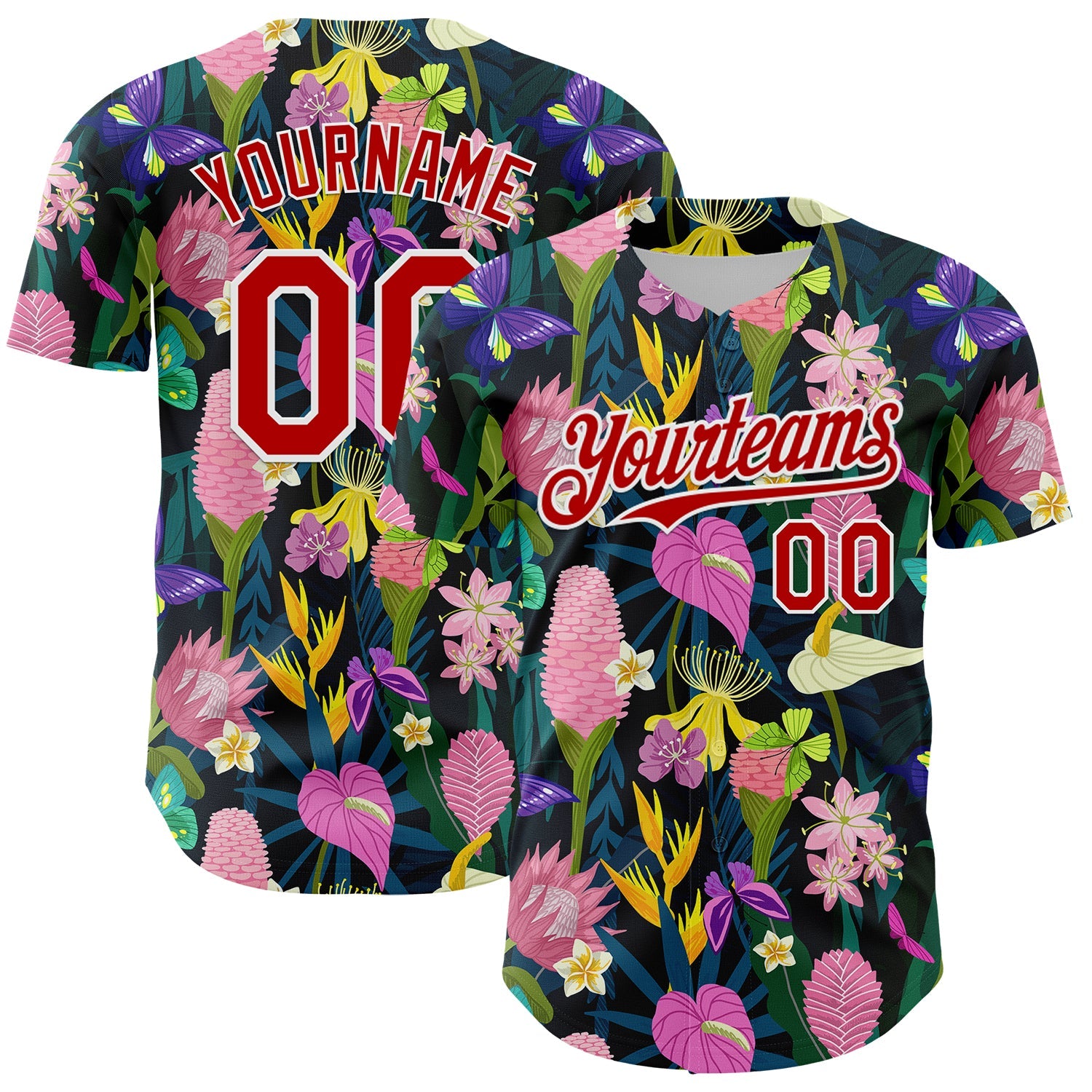 Custom Black Red-White 3D Pattern Design Tropical Anthurium Flower Authentic Baseball Jersey - Main View