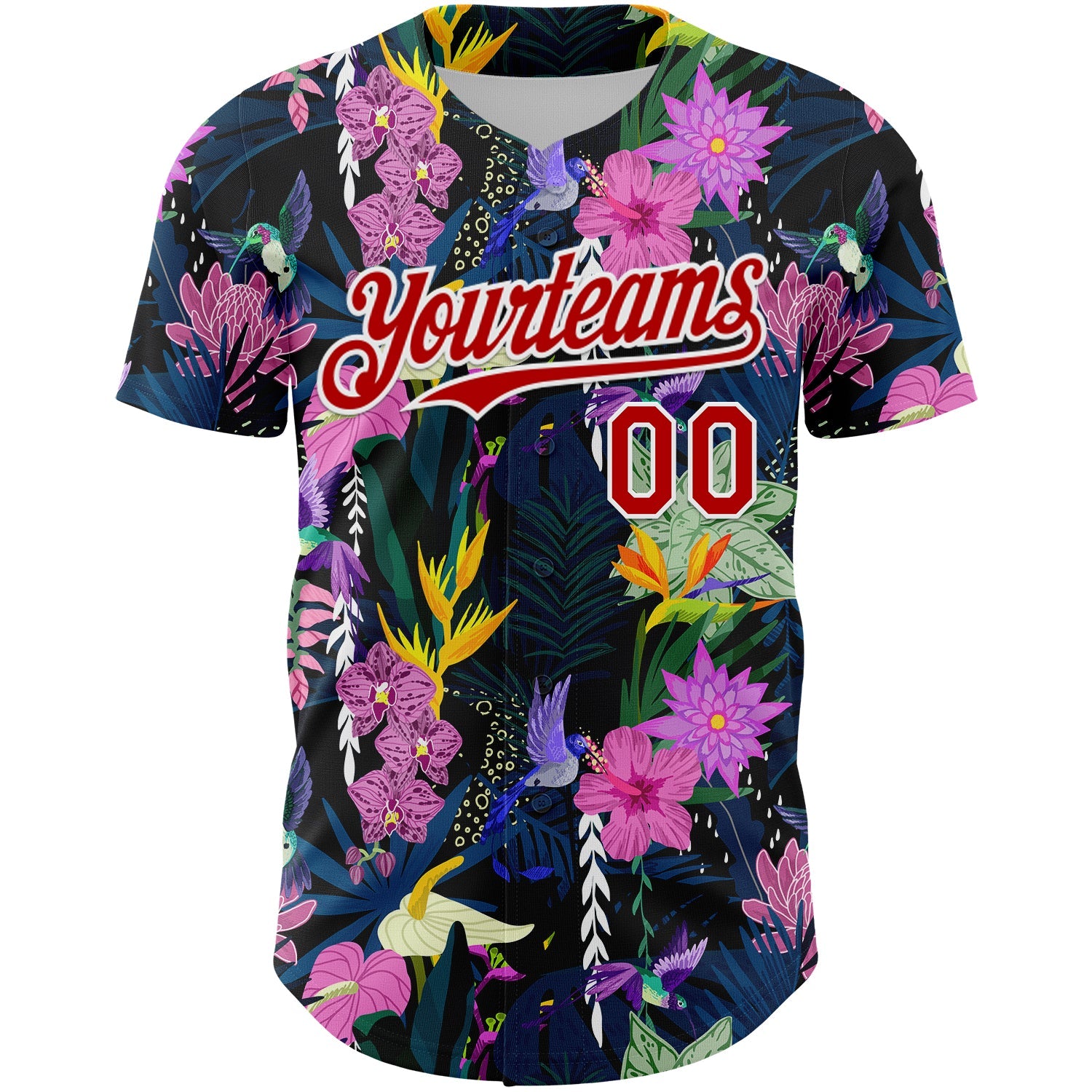 Custom Black Red-White 3D Pattern Design Tropical Anthurium Flower Authentic Baseball Jersey view 2