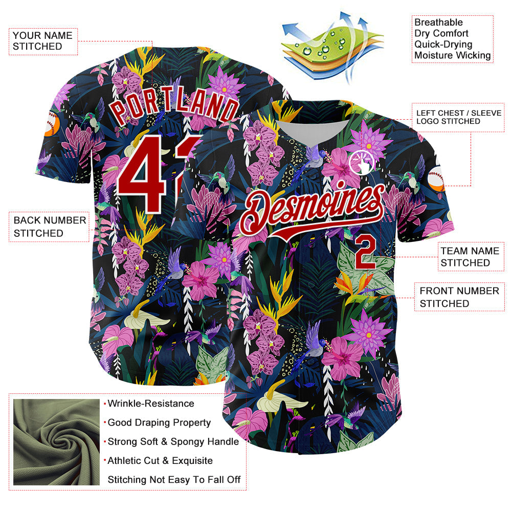Custom Black Red-White 3D Pattern Design Tropical Anthurium Flower Authentic Baseball Jersey view 3