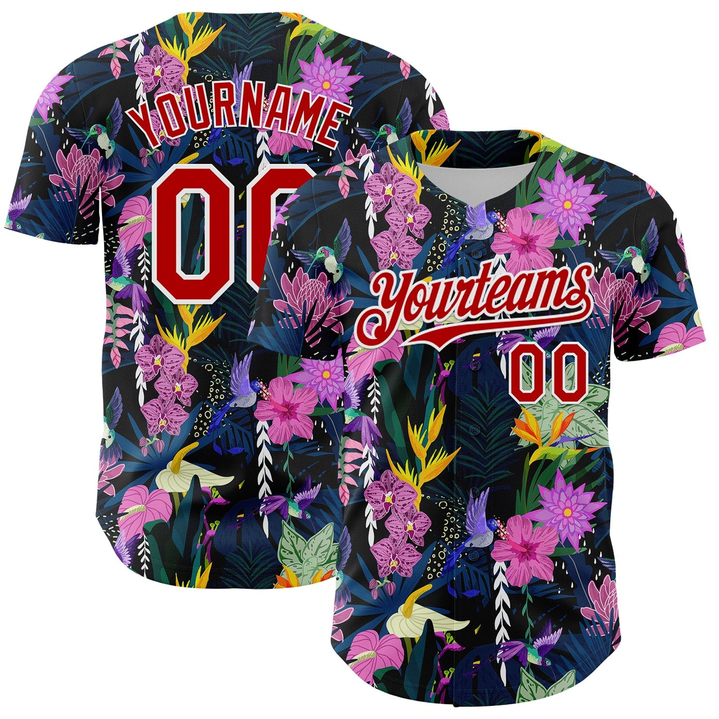 Custom Black Red-White 3D Pattern Design Tropical Anthurium Flower Authentic Baseball Jersey - Main View
