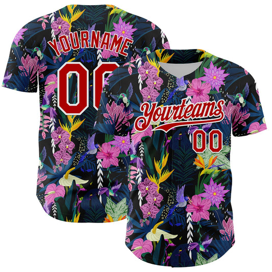 Custom Black Red-White 3D Pattern Design Tropical Anthurium Flower Authentic Baseball Jersey - Main View