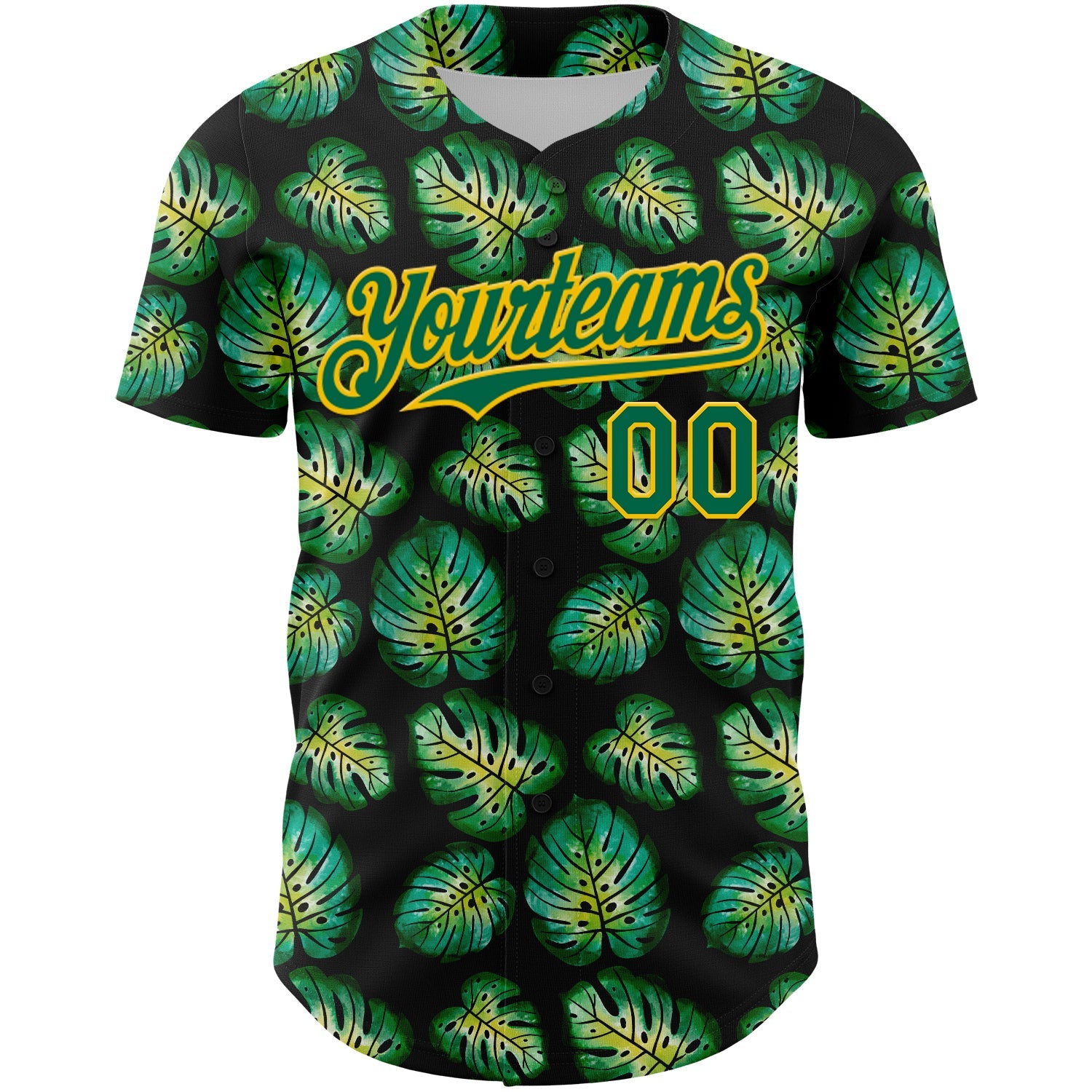 Custom Black Kelly Green-Gold 3D Pattern Design Tropical Monstera Authentic Baseball Jersey view 2